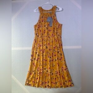 Daniel Rainn Feminine Floral Midi Dress Size Large Crochet Neckline Yellow/Gold